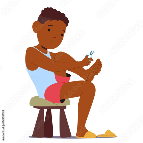 Little boy child cartoon character cutting nails on toes with scissors while sitting on chair