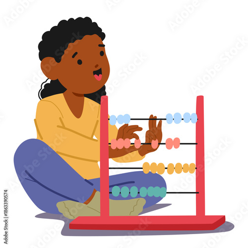 Little preschool girl beginning her journey to learn mental arithmetic using classic wooden abacus