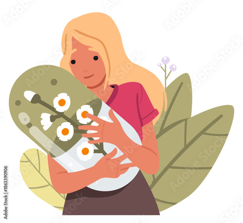 Young happy woman holding giant homeopathic pill of healthcare supplements cartoon portrait