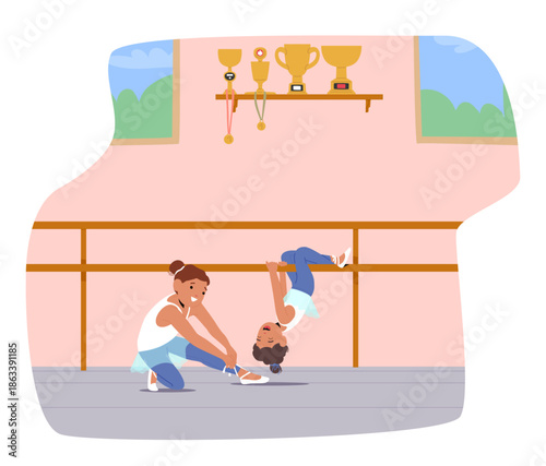 Cute older and younger sisters training together in ballet school professional environment scene