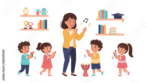 Joyful early childhood music class with a smiling teacher guiding diverse preschoolers in a fun and engaging rhythm lesson, fostering creative development and learning in a vibrant classroom setting