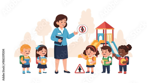 Teacher explaining safety guidelines to children near a playground