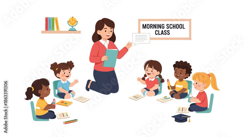 Engaged preschool children learning together with their kind teacher in a bright classroom setting, fostering early education and interactive group activities during a lesson