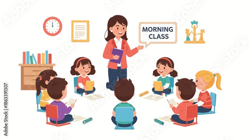 Teacher leading a morning class for young students in a circle, fostering interactive learning and engagement in a bright classroom setting