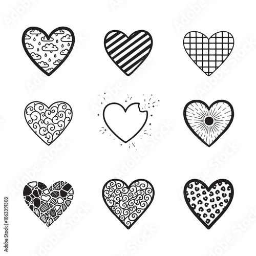 Decorative Heart Icon Set — 9 Black and White Outline and Patterned Love Hearts Vector Illustration