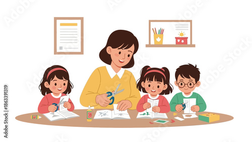 Preschool Teacher Guides Enthusiastic Children in a Vibrant Crafting Session, Fostering Creativity and Hands-On Learning in a Cheerful Classroom Setting