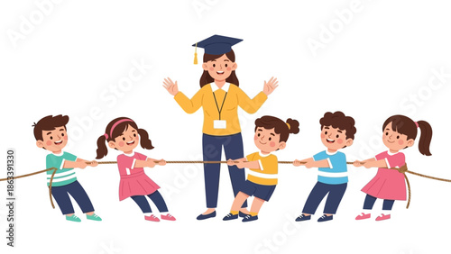 Happy children and teacher playing tug of war in a classroom, symbolizing teamwork and active learning