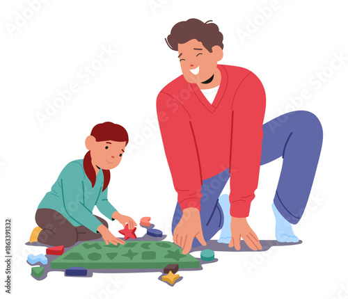 Happy father and daughter playing together enjoying fun entertainment with educational game