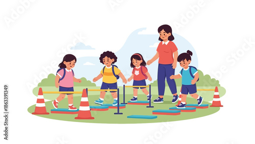 Childrens obstacle course with teacher assisting kids through a fun outdoor educational activity