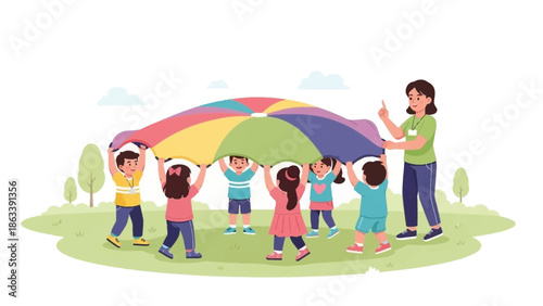 Children playing with a rainbow parachute in a park with a teacher observing