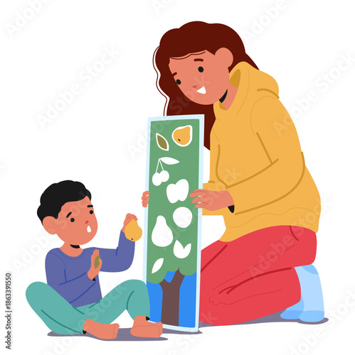 Mom and son learning through play, providing stimulating entertainment crucial for children growth