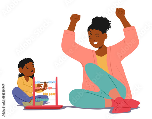 Happy mother rejoicing at her adorable daughter toddler kid success in mastering mental arithmetic