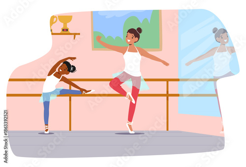 Little aspiring girl dancer training with teacher at ballet dance studio vector illustration