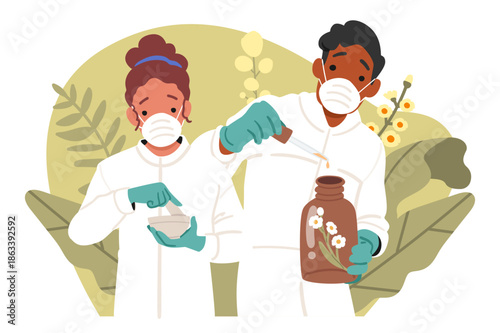 Young scientists working on homeopathic product formulation and botanical extract standardization