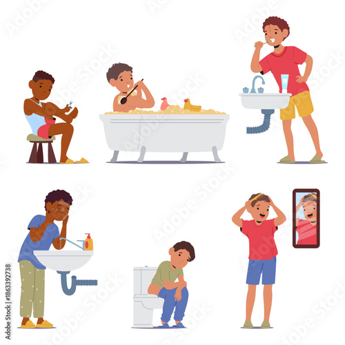 Cute children cartoon boys characters daily hygiene routine isolated set on white background