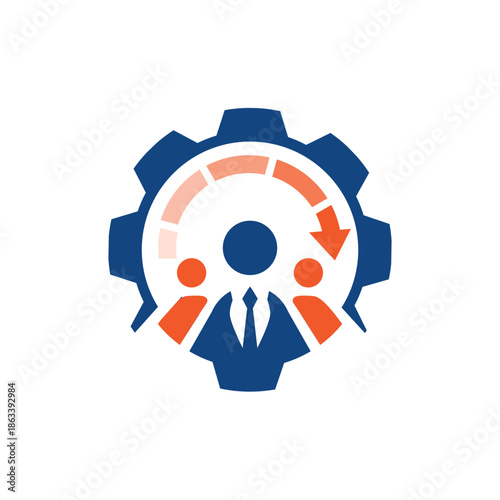 This is a logo design that depicts a cog with three abstract workers in it and a circular arrow in orange. It can be used for work place efficiency or office related purposes. 
