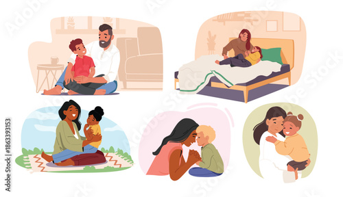 Happy family together scene showing father, mother and child hugging, smiling and spending time