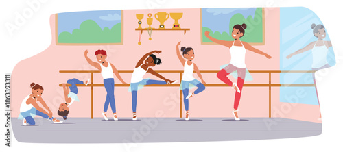 Talented children learning technique at ballet lessons and dance class cartoon vector illustration