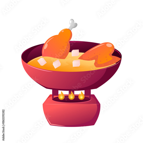 Vector illustration of opor ayam, a traditional Indonesian dish, in a red pan with pieces of chicken on top, usually served during Eid al-Fitr or Lebaran celebrations in Southeast Asia.