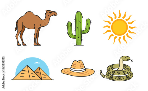 Desert and Egypt travel cartoon icon set