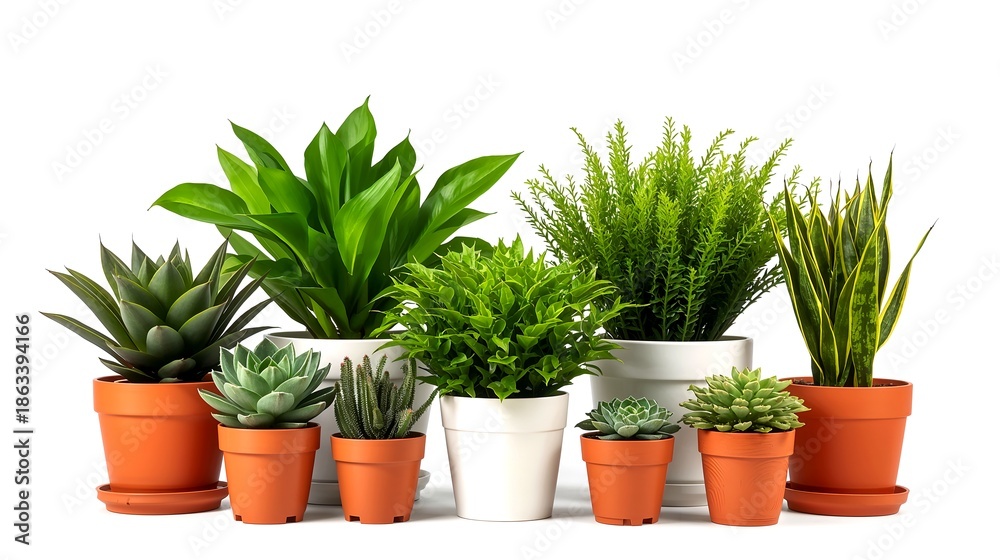 Fototapeta premium A collection of assorted potted plants, showcasing a variety of vibrant green leaves and textures. They bring a touch of nature and freshness into the space