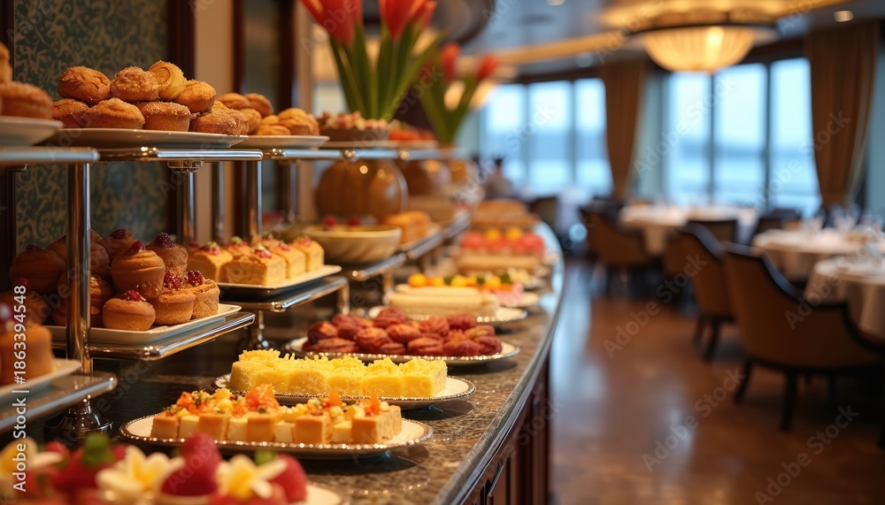 Fototapeta premium Luxurious buffet breakfast spread on a cruise ship with pastries, cakes, and fruits. Elegant dining hall with tables set for meal service. Guests enjoy gourmet food options at sea.