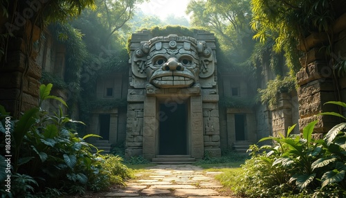 Ancient stone temple entrance with carved deity face overlooks jungle path. Overgrown ruins show pre-Columbian culture, secret cave portal awaits exploration adventure.