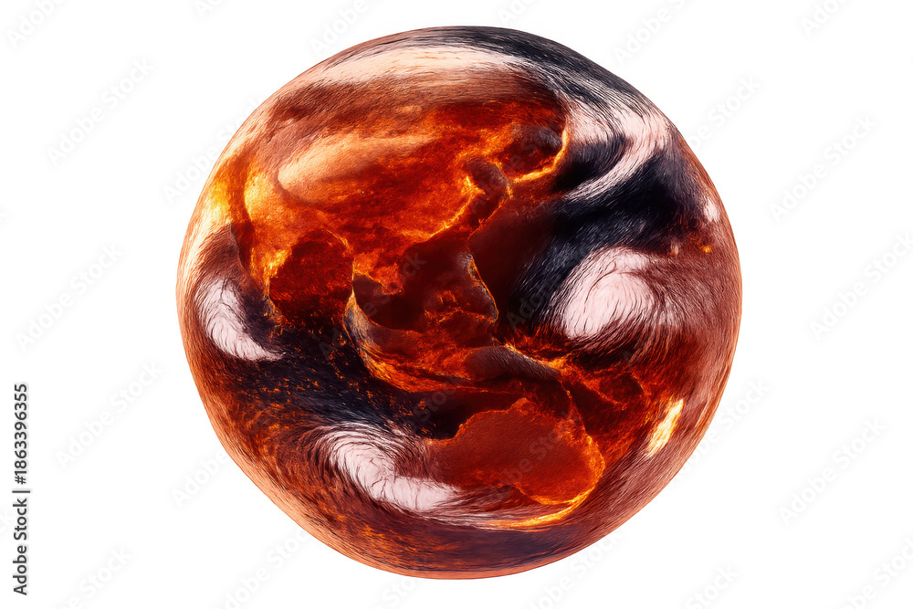 Fototapeta premium Earth burning with flames and lava, symbolizing global warming, climate change, heat, and environmental crisis on transparent background