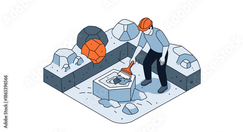 Archaeologist meticulously cleaning ancient artifact with brush in excavation site.