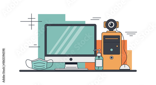 Computer setup with webcam mask and sanitizer essential for remote work and safety.