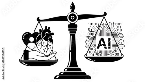 black and white conceptual vector of artificial intelligence ethics, balance scale between human values and algorithm symbols, strong contrast