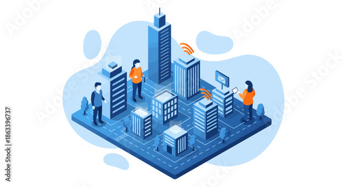 Isometric city illustration with people and modern buildings a smart city concept.