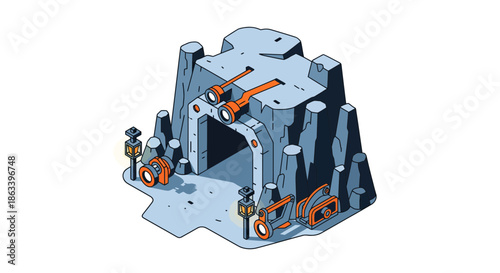 Isometric illustration of a detailed cave entrance with mining equipment and structures.