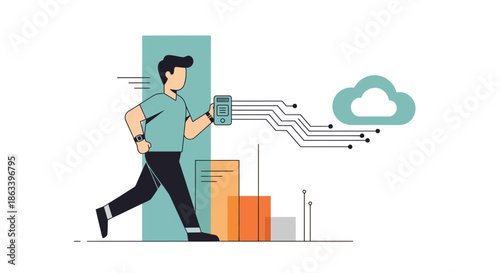 Man running towards cloud computing data transfer and digital transformation.