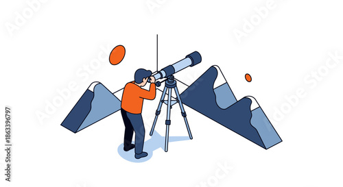 Man observing the sky with a telescope on a mountain astronomy concept illustration.