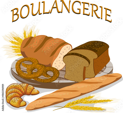 Freshly baked delicious bakery products on a wooden board.Color vector illustration of baked goods on a white background with shadow and text.