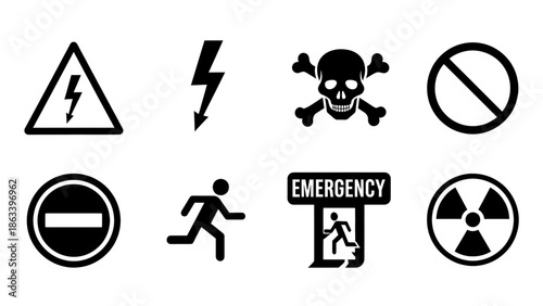 Black and white vector icon set of warning signs and safety notice boards