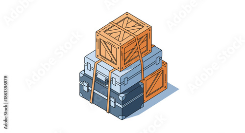 Stacked wooden crates and suitcases ready for travel and transportation purposes.