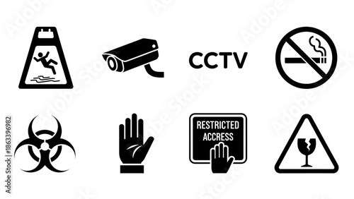 Monochrome vector icon set of public warning signs,