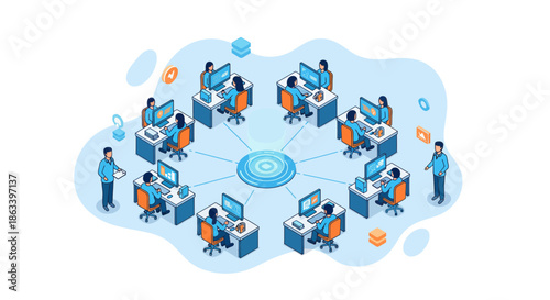 Teamwork and collaboration in a modern office environment connected by technology.