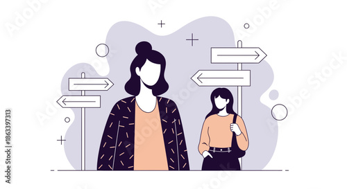 Two women standing near direction signs making choices and decisions.