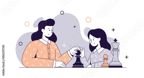 Two women playing chess concentrating on the game strategic thinking.