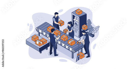 Warehouse workers packaging and processing boxes on a conveyor belt.