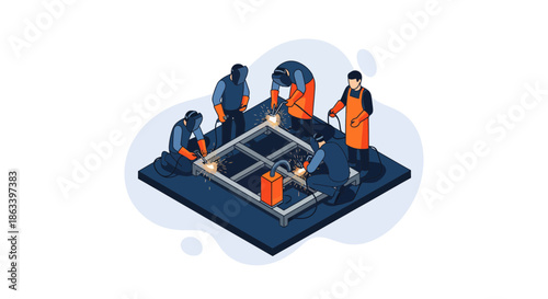 Welding team working together to assemble metal frame construction.