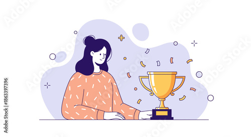 Woman celebrating achievement with golden trophy focused and determined.
