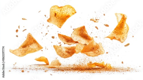 Crispy potato chips with seasoning flying in the air on a white background
