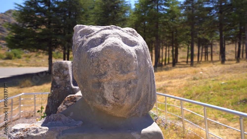 Close up of lion head sculpture in the ancient city of Hattusa