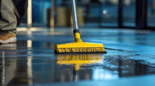 Wallpaper Mural Close up shot of yellow push broom cleaning a wet, shiny floor at night Torontodigital.ca