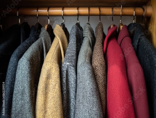 A closet view of warm coats hanging on a wooden rod in a variety of colors