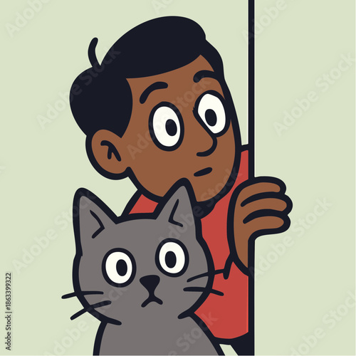 peek of surprise; wide eyes and whiskers peer from behind the wall in cartoon suspense